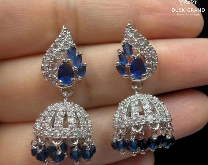 Mini Silver Blue CZ Jhumkas/  CZ Jhumka/ Indian Jewelry/ Pakistani Jewelry/ Indian Wedding Earrings