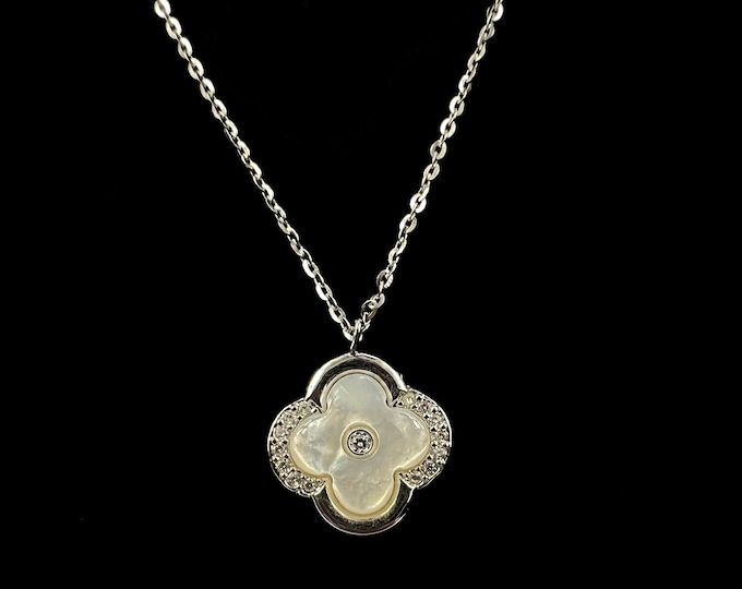 Mother of Pearl Flower Pendant Necklace: CZ Silver Clover Jewelry - DUSKGRAND