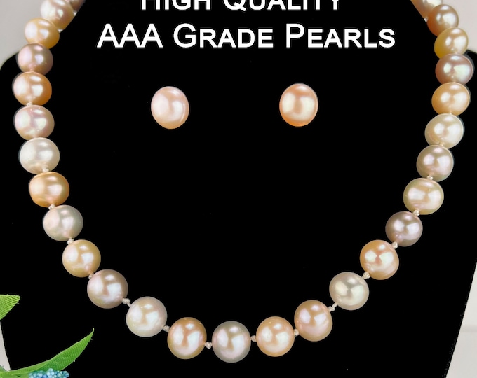 Multi - Colored Genuine Freshwater Pearl 9-10mm Knotted Beaded Necklace 16 Inches Pearl Necklace +Earrings, wedding jewelry, gift