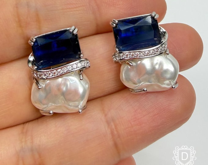 Blue Crystal Baroque Pearl Earrings: Silver Tone CZ Dangle - DUSKGRAND