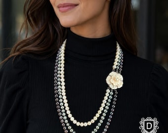 Freshwater Cultured Pearl Necklace, 3 Strand Graduated Pearls, Flower Clasp  20" 21" 22" Inches Necklace Length  - DUSKGRAND