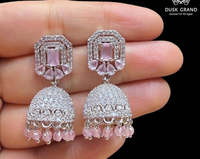 Mini Silver Jhumka Earrings:  Light Pink CZ Indian Jewelry - DUSKGRAND