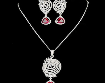Collar y pendientes de plata de ley con circonita cúbica roja y rubí: joyería nupcial victoriana