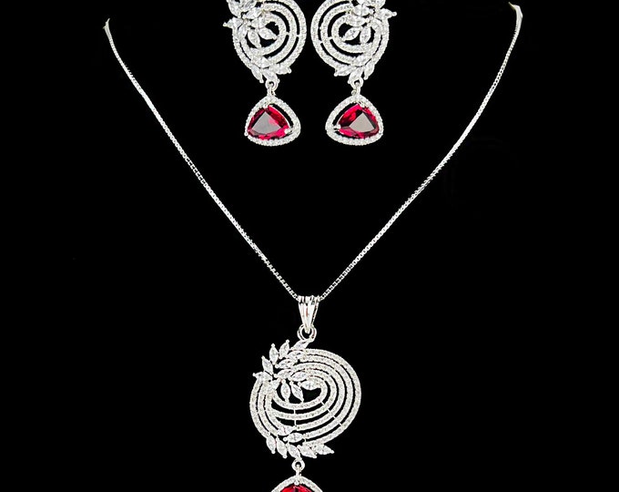 Silver Ruby Red Cubic Zirconia Pendant Necklace, Ruby Red CZ, Gift for her, CZ Pendant, CZ Necklace, wedding jewelry, Indian jewelry
