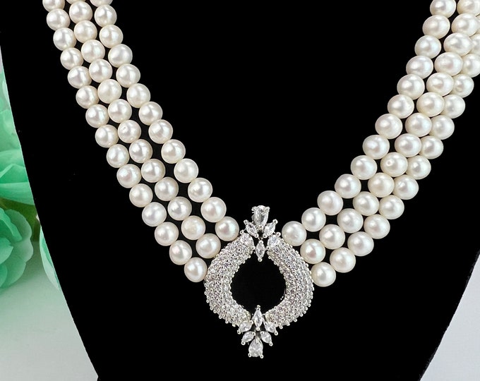 3 Strand Pearl Necklace CZ Pendant With Earrings , Cultured Pearls, Gift for Her, Wedding Jewelry DuskGrand