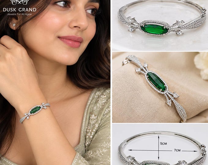 Elegant Green Stone Bangle Bracelet with Cubic Zirconia accents - DUSKGRAND