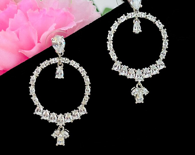 Cubic Zirconia Silver Round Shape  Earrings + gift, bridesmaids gift - DuskGrand