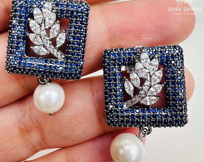 Oxidized Square Earrings: Blue CZ, Pearl Drop, Leaf Design - DUSKGRAND