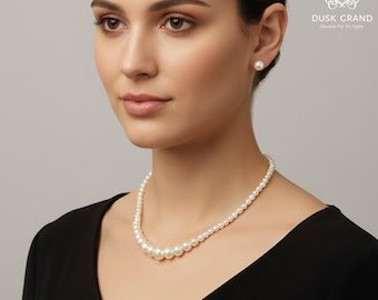 Single Strand Graduated White Fresh Water Pearl Necklace with Stud Earrings - DUSKGRAND