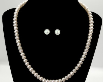 White Freshwater Cultured Pearl Set with Necklace and Earrings in 18 Inch Length Genuine  AAA Quality Pearls + Earrings DuskGrand