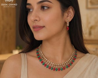 Gold Tone Polki Necklace Set: Kundan Indian Bridal Jewelry - DUSKGRAND