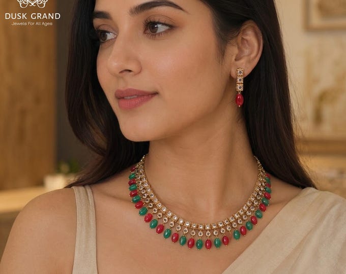 Gold Tone Polki Necklace Set: Kundan Indian Bridal Jewelry - DUSKGRAND