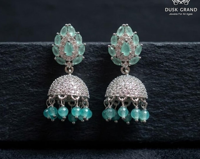 Mini Silver Jhumka Earrings: Mint Green CZ Indian Jewelry - DUSKGRAND