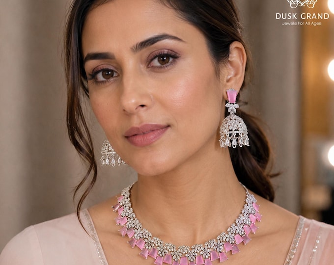 Pink Stone CZ Diamond Jewelry Set: Silver Victorian Necklace Earrings - DUSKGRAND
