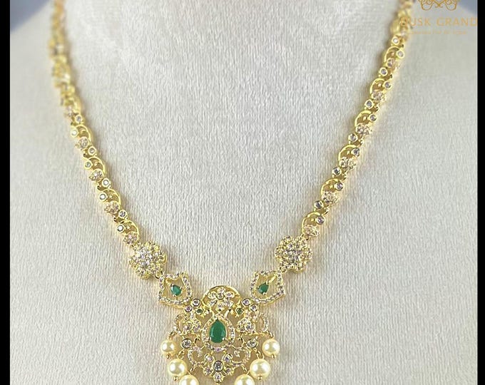 Gold Tone CZ Necklace and Earrings with Green Stone and Pearl Dangles - DUSKGRAND