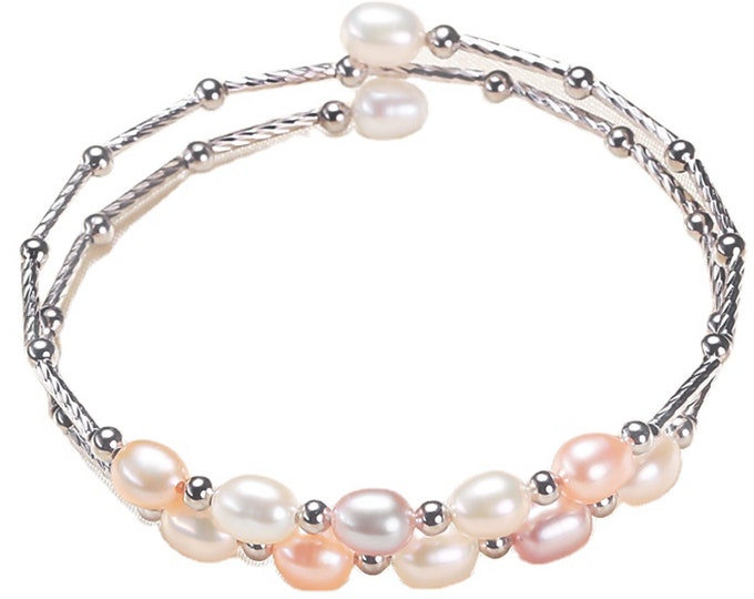 Spiral Multicolored Cultured Freshwater Pearl Bracelet, Bangle Style - DuskGrand