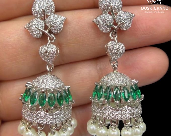 Silver Green CZ Jhumkas/  CZ Jhumka/ Indian Jewelry/ Pakistani Jewelry/ Indian Wedding Earrings