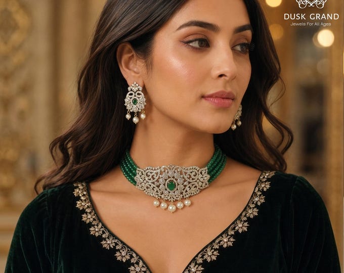 Green Cubic Zirconia Necklace Earrings: Gold Indian Jewelry Set - DUSKGRAND