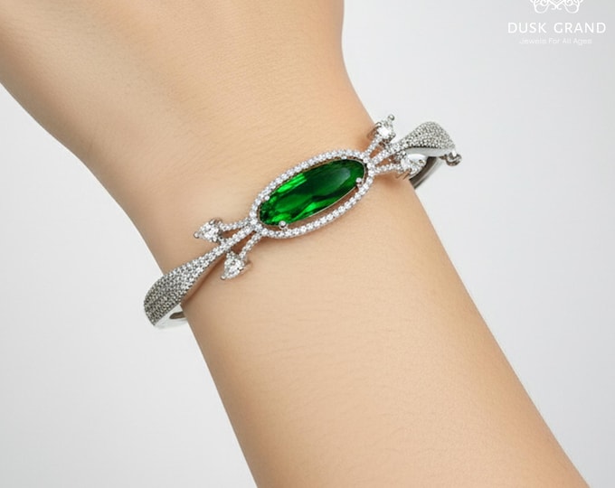 Elegant Green Stone Bangle Bracelet with Cubic Zirconia accents - DUSKGRAND