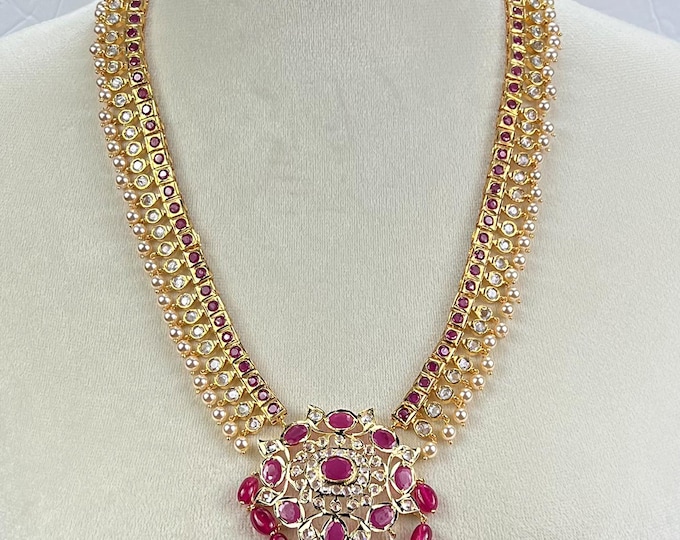 Swarovski Pearl Kundan Necklace: Gold Plated Indian Bridal Jewelry - DUSKGRAND
