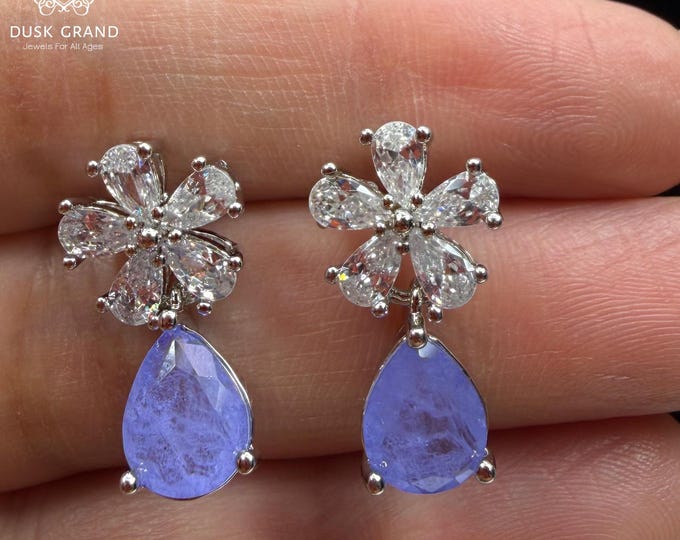 Elegant Purple Teardrop Dangle Earrings | Sparkling Flower CZ Crystal Studs | Silver Tone Statement Earrings | Gift for Her - DUSKGRAND