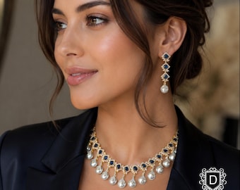 Baroque Pearl CZ Blue Stone Necklace, Gold & Silver Two-Tone Chain, Handmade Jewelry - Duskgrand