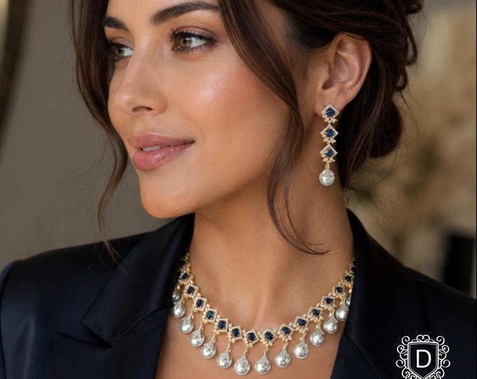 Baroque Pearl CZ Blue Stone Necklace, Gold & Silver Two-Tone Chain, Handmade Jewelry - Duskgrand