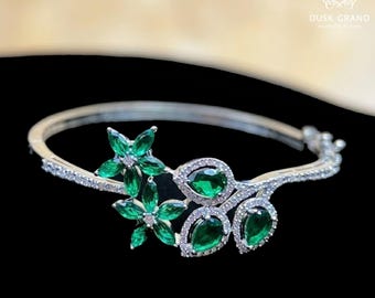 Emerald Green Floral Bangle Bracelet, Silver Nature Inspired Vine Cuff, Marquise Flower Tear Drop Bracelet, Botanical Jewelry Gift for Her