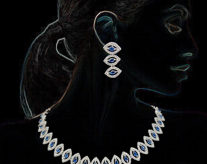Blue Cubic Zirconia Necklace & Earrings Set: Victorian Style Silver Jewelry - DUSKGRAND