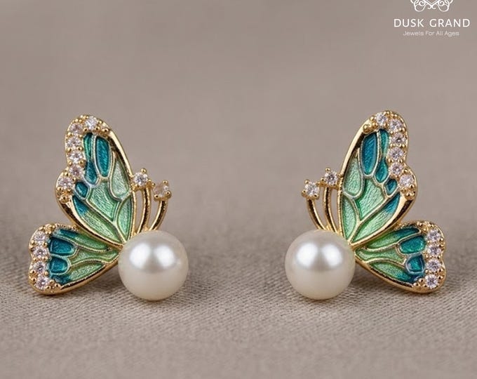 Gold Tone Sage Green and Teal Butterfly  Wings with Pearl Studs - DUSKGRAND