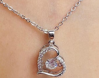 Cubic zirconia rattling inside a Heart Pendant Necklace, Silver Heart Shape  Necklace, Wedding gift, Gift for Mom, Gift idea-DUSKGRAND