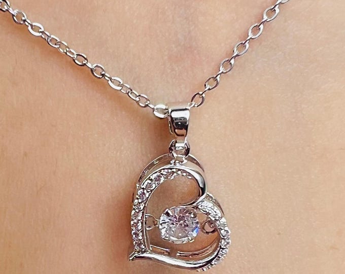 Cubic zirconia rattling inside a Heart Pendant Necklace, Silver Heart Shape  Necklace, Wedding gift, Gift for Mom, Gift idea-DUSKGRAND