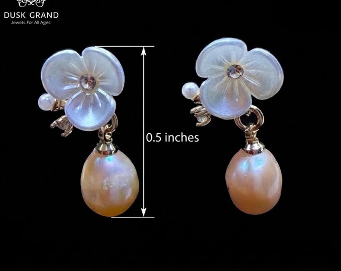 Gold Tone Flower Drop Earrings with Pearl Dangle, Frosted Acrylic Petal Studs, Dainty Floral Jewelry, Elegant Wedding  Romantic Earrings