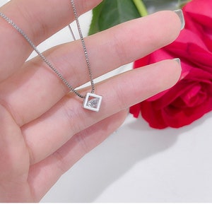 Silver Cube Necklace: Cubic Zirconia Pendant, Adjustable Chain