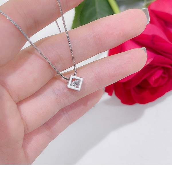 Cubic zirconia rattling inside a cube pendant Necklace, Silver Cube Necklace,Wedding gift, Gift for Mom, Gift idea-DUSKGRAND