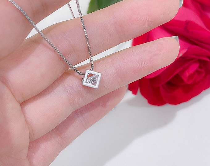 Cubic zirconia rattling inside a cube pendant Necklace, Silver Cube Necklace,Wedding gift, Gift for Mom, Gift idea-DUSKGRAND