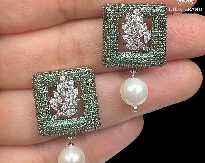 Oxidized Green CZ Earrings: Pearl Drop Leaf Design, Bridal Jewelry - DUSKGRAND