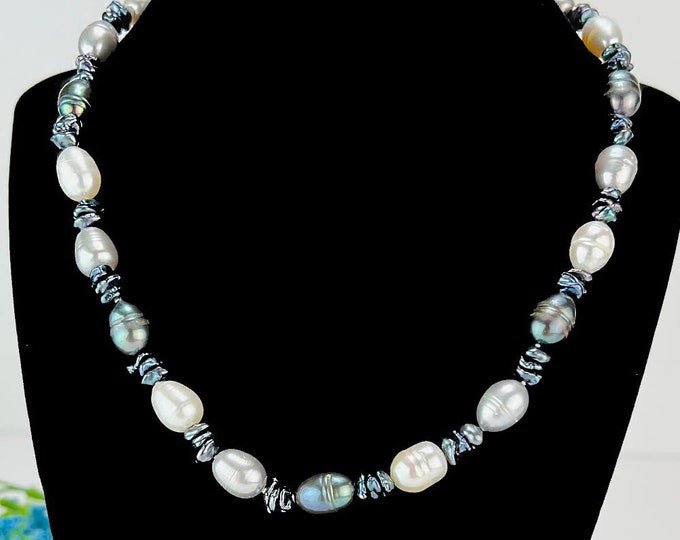 Gray White Freshwater Cultured Pearl Necklace 16”inches -DuskGrand