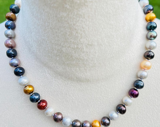 Multi-Color Freshwater Pearl Necklace: 9mm Round Pearl, Sterling Silver Clasp - DUSKGRAND