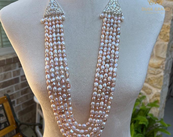 Multicolor Freshwater Pearl 5-Layer Necklace: Bridal Kundan-Style Jewelry - DUSKGRAND