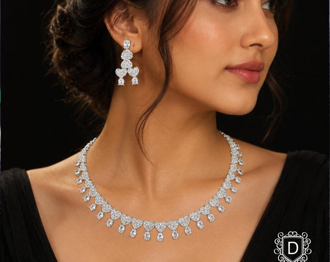 Cubic Zirconia Heart Choker Necklace Earrings Set: Silver Indian Jewelry - DUSKGRAND
