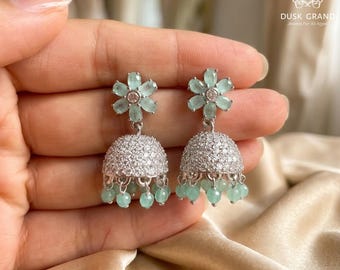 Mini Silver Jhumka Earrings: Mint Green CZ Indian Jewelry - DUSKGRAND
