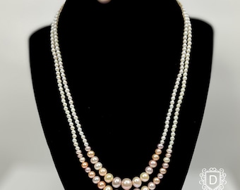 Double Strand Graduated  Pearl Necklace with Multicolored Pearls and Stud Earrings - DUSKGRAND