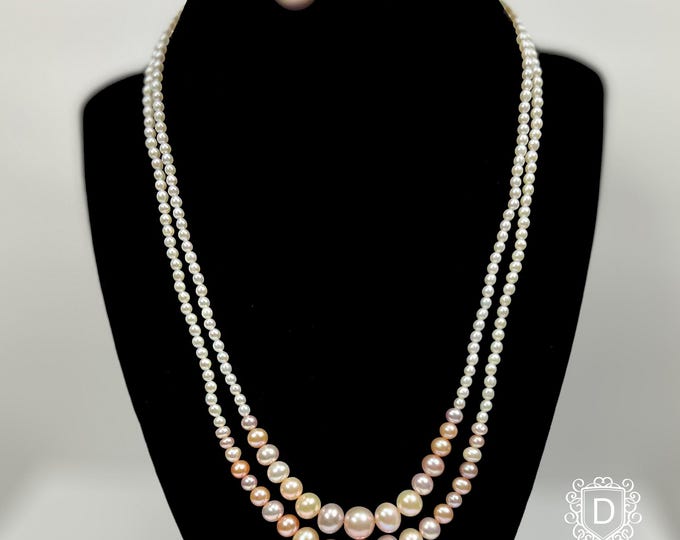 Double Strand Graduated  Pearl Necklace with Multicolored Pearls and Stud Earrings - DUSKGRAND