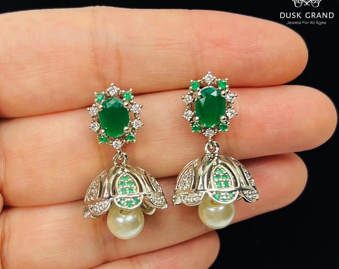 Mini Silver Jhumka Earrings: Green CZ Indian Jewelry - DUSKGRAND