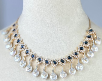 Baroque Pearl CZ Blue Stone Necklace, Gold & Silver Two-Tone Chain, Handmade Jewelry - Duskgrand