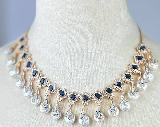 Baroque Pearl CZ Blue Stone Necklace, Gold & Silver Two-Tone Chain, Handmade Jewelry - Duskgrand