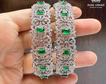 Elegant Green  CZ White Stone Bangles | Silver Tone Bangles 2- 8 Size | Bridal Jewelry | Sparkling Statement Gift for Her - DUSKGRAND