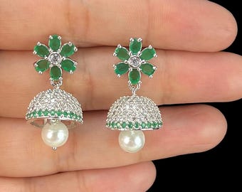 Mini Silver Green CZ Jhumkas/  CZ Jhumka/ Indian Jewelry/ Pakistani Jewelry/ Indian Wedding Earrings
