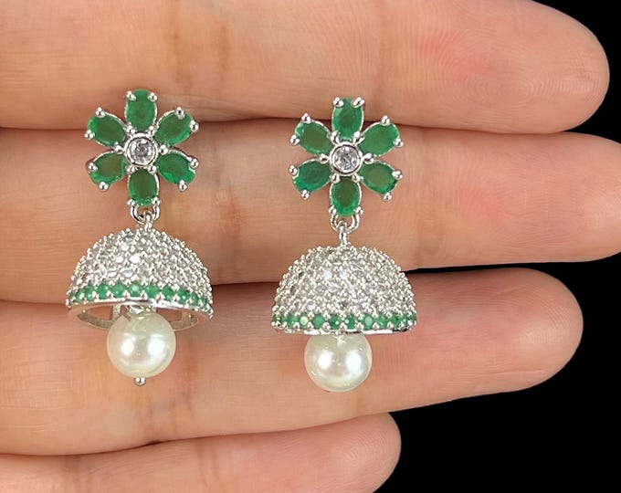 Mini Silver Green CZ Jhumkas/  CZ Jhumka/ Indian Jewelry/ Pakistani Jewelry/ Indian Wedding Earrings